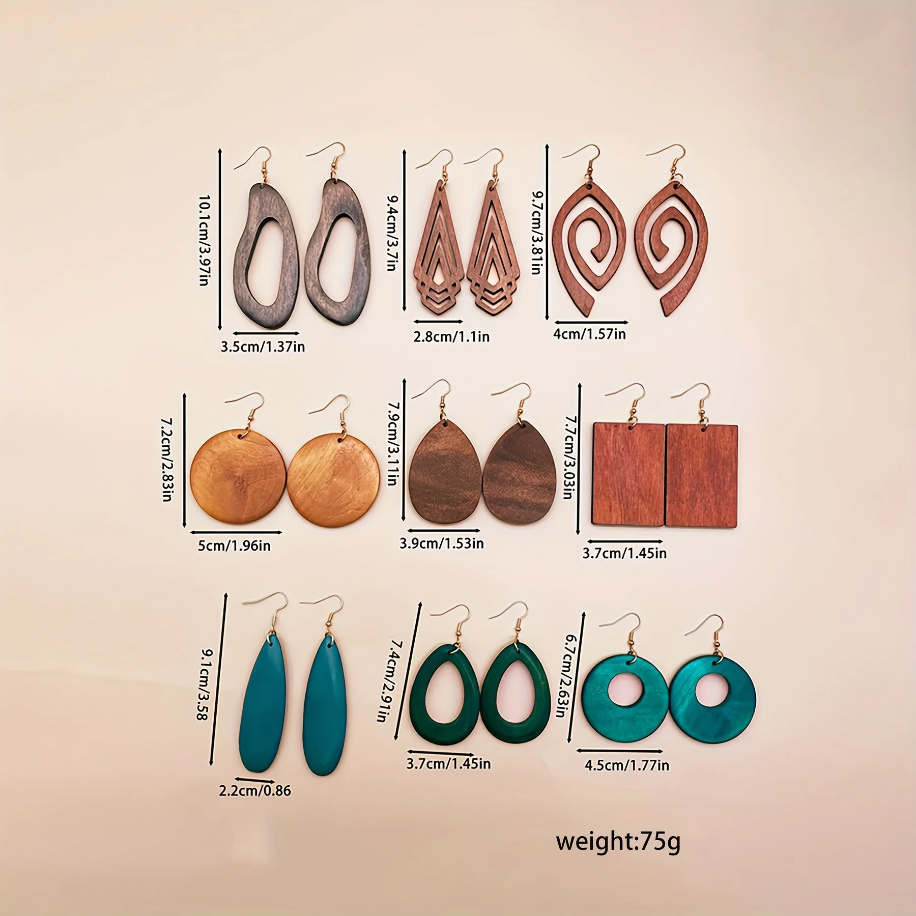 9 pairs of multi-color hollow water drop/geometric/round wooden pendant earrings, retro elegant style, spring and summer holiday