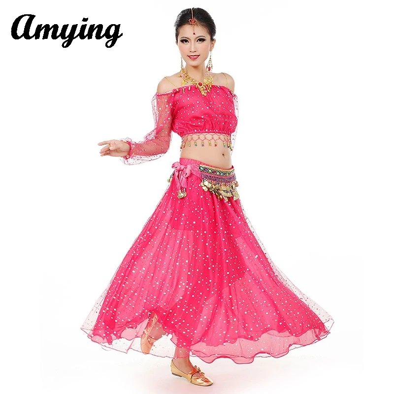 

3PCS Belly Dance Costume Set Adult Performance Dress Women Top+Waist Chain+ Long Dress Lady Oriental Indian Training Clothing