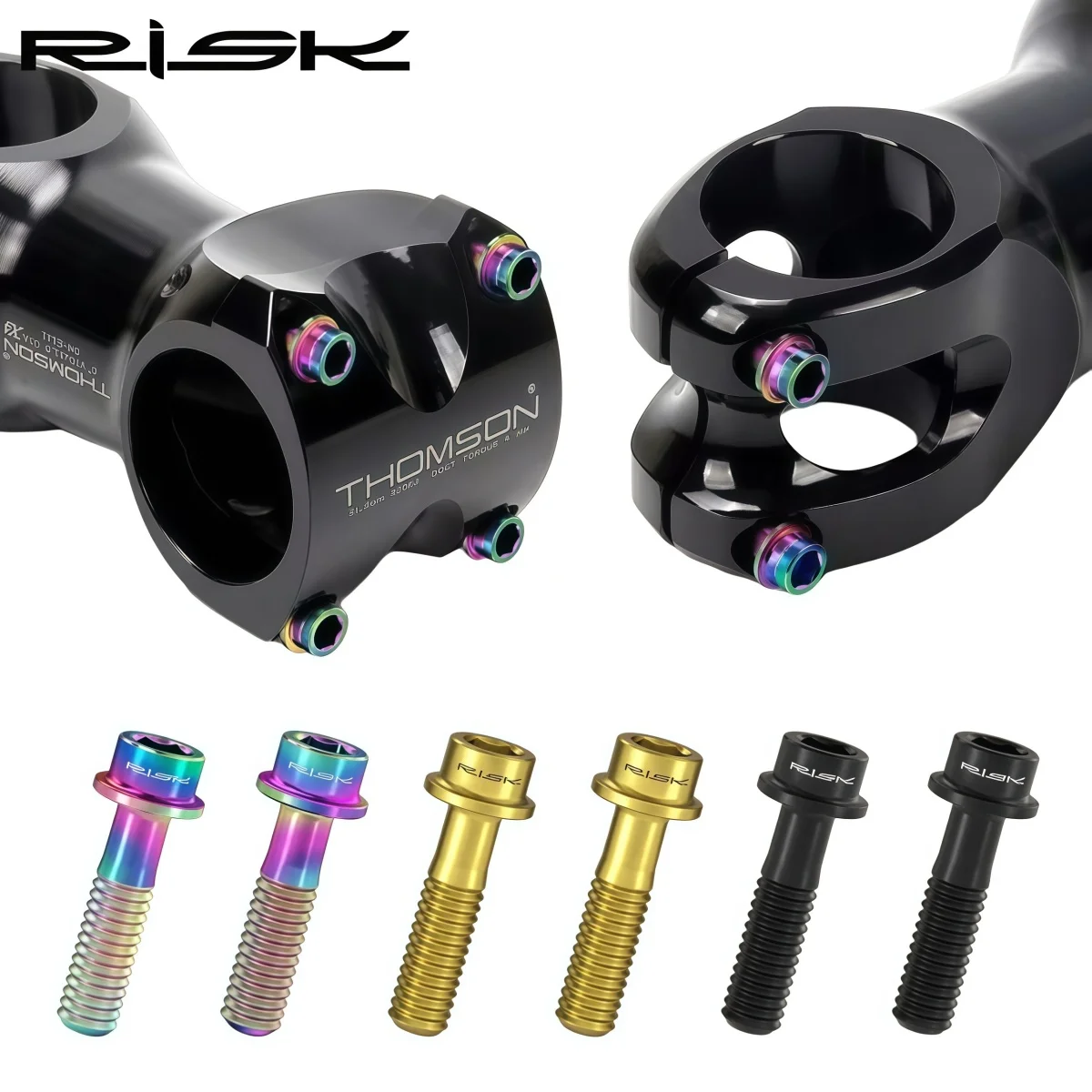 RISK M5x16 & M5x18 Titanium Bike Handlebar Stem Bolts – Compatibility Seatpost Clamp 6 Piece (Rainbow/Gold/Black/Titanium)