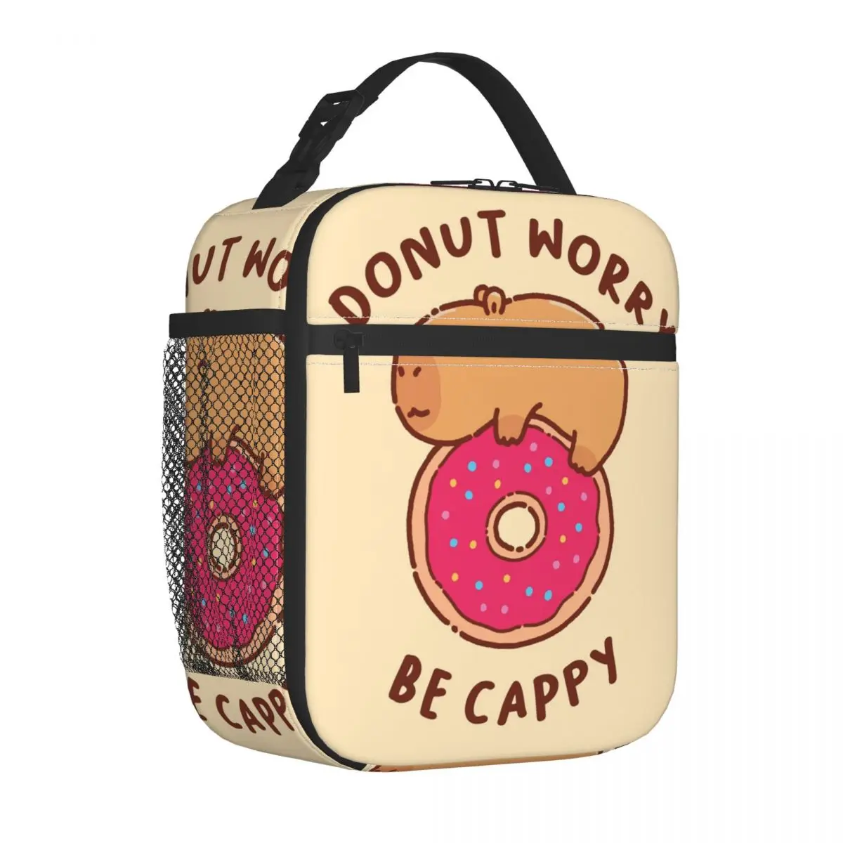 Happy Capybara On Donut Accessories Insulated Lunch Bags Office Food Box Portable Fashion Cooler Thermal Bento Box