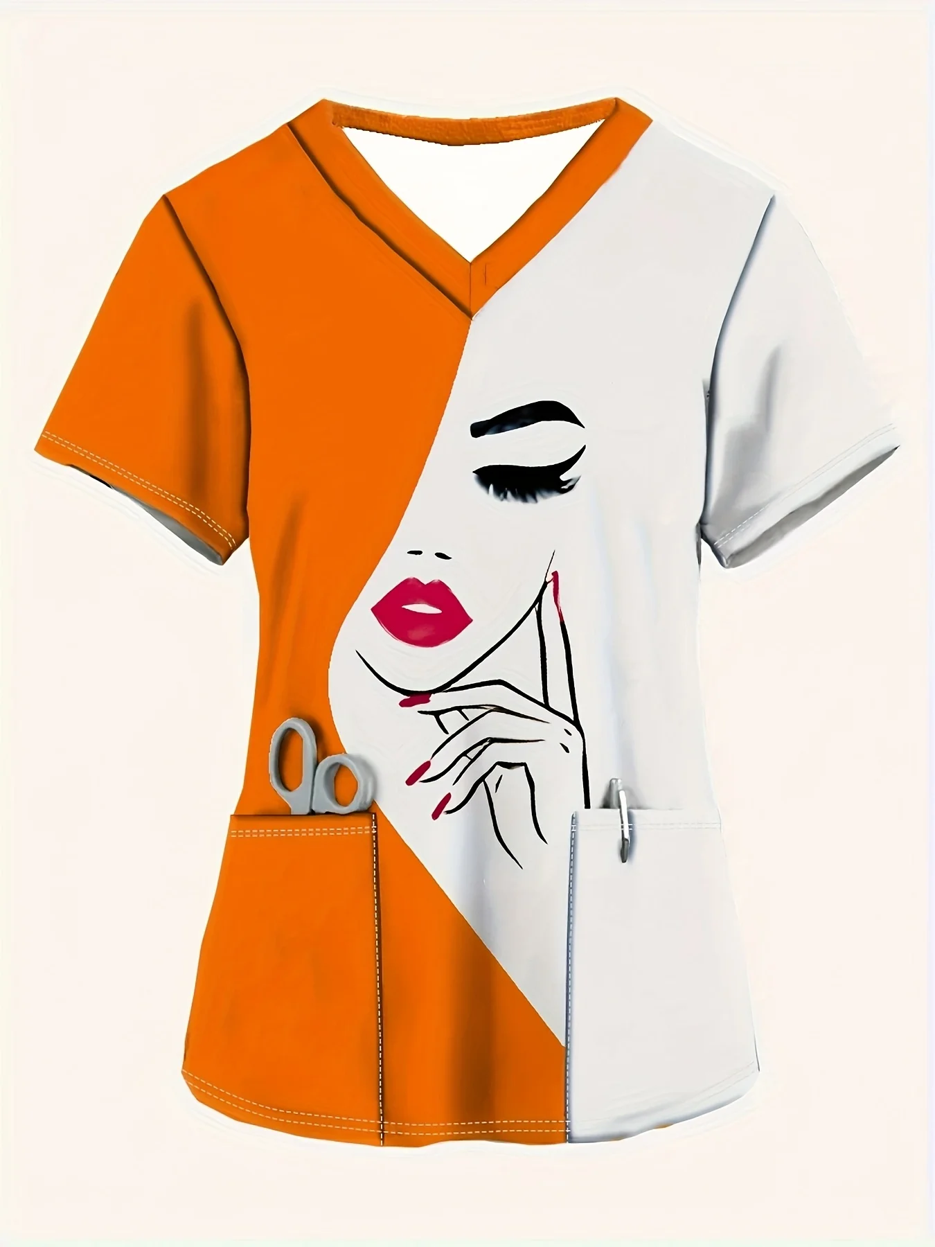 女性のエレガントな V ネック トップ、スタイリッシュな女性のポートレート デザイン - 半袖ナース ユニフォーム、快適でカジュアル、ポケット付き