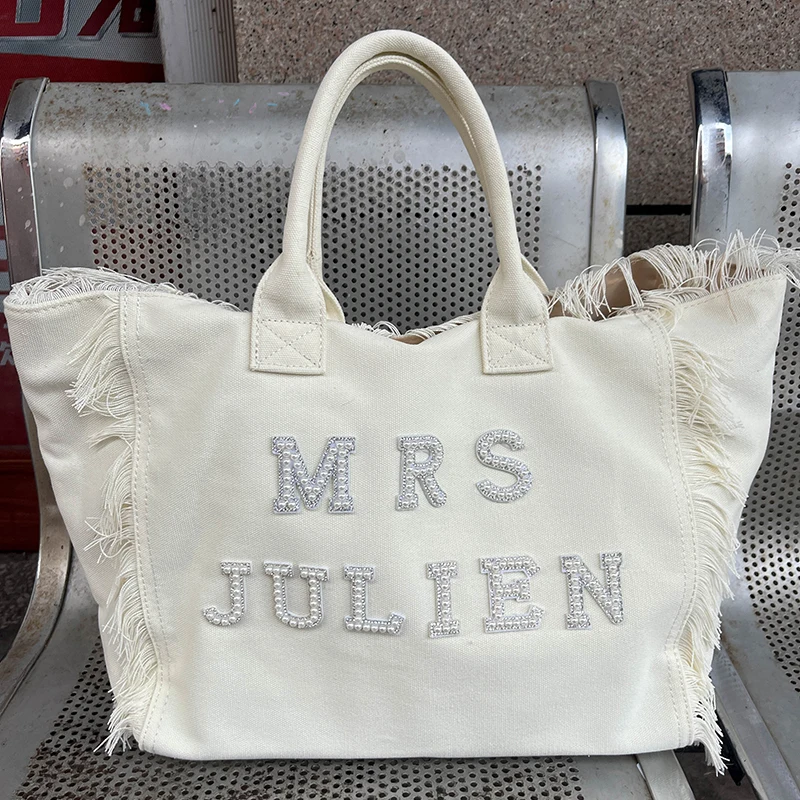 Personalized Custom Mrs tote Bag Bridal Shower beach boho Wedding engagement Bachelorette hen Party Honeymoon Bride to be Gift