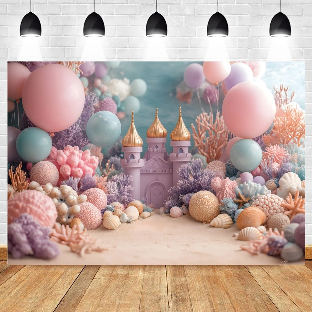 خلفيات حورية البحر للأطفال للصور الفوتوغرافية على شكل قلعة المحيط بالونات لحفلات أعياد الميلاد وحفلات استقبال المولود الجديد وخلفيات التصوير الفوتوغرافي