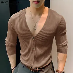 2024 Men Shirt Knitted V Neck Long Sleeve Streetwear Casual Men Clothing Korean Style Solid Color Leisure Shirts S-5XL INCERUN