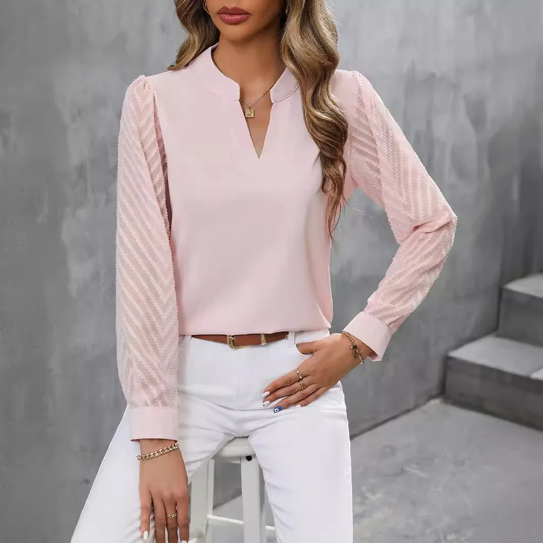 

Elegant Women Blouse Spring Autumn Chiffon Long Sleeve Patchwork V Neck Casual Streetwear Office Commuting Pullover T-shirts