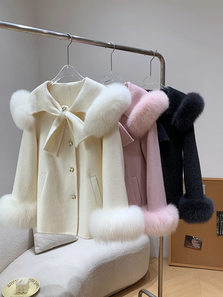 

Women Autumn Wool Coats With Real Fox Fur Collar Cuff Loose Fashion Female Sweaters Real Sheep Fur Woolen