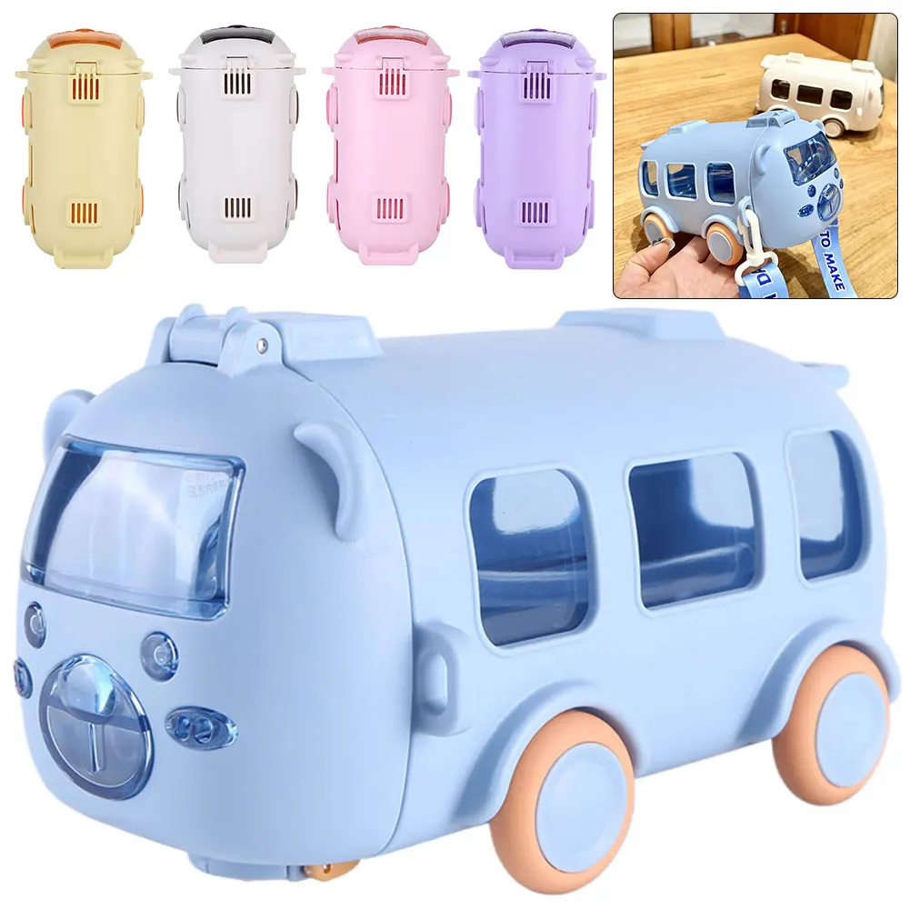 500ML Bus Shape Cartoon Water Cup with Movable Wheels & Strap Plastic Drinking Bottle Leakproof for Home Travel School