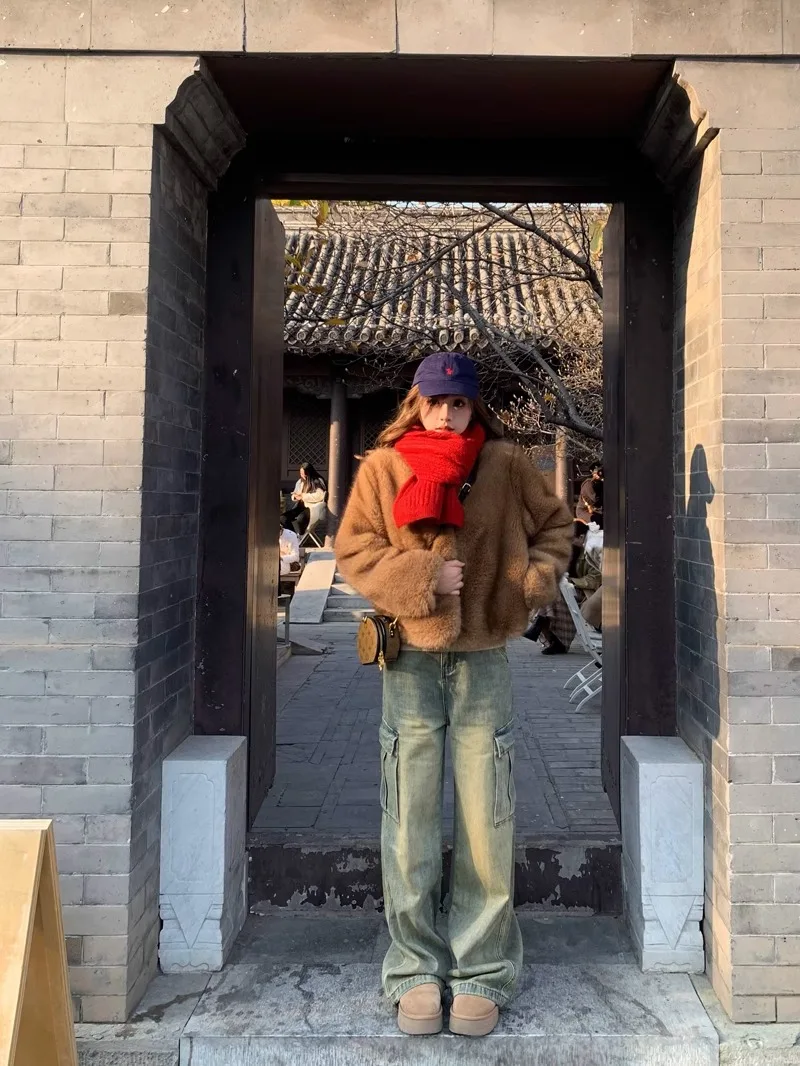 

Retro Street American Sle Faded Straight Leg Jeans Women Loose Slimming Workwear Long Trousers Multiple kets Casual Jeans