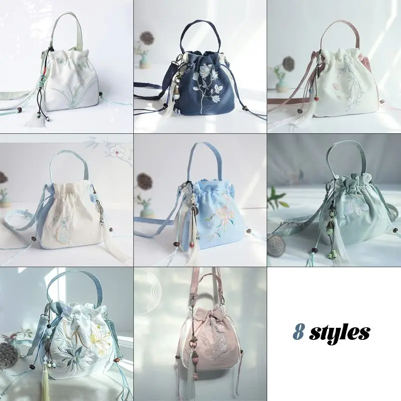 Chinese Style Retro Flower Embroidery Crossbody Bags Women Literature Art Handbags Hanfu Decor Drawstring Bucket Bag Coin Purses