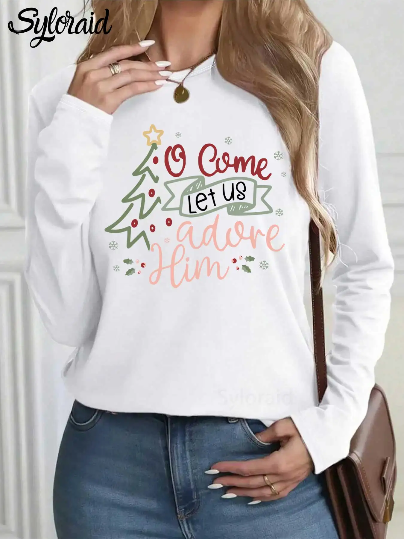 

Women's Long Sleeve T Shirt "O Come Let Us Adore Him" Christmas Tree Print T Shirt Fashion Round Neck Casual Top