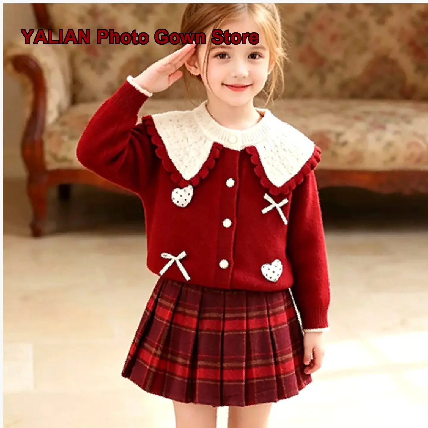 Girls Two-Piece Set Super Chic Beautiful Kids Knit Top Pleated Skirt