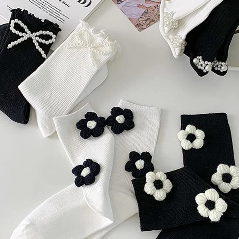 Women Kawaii Short Ankle Socks Gothic Lolita Bow Pearl Chain Ruffled Hosiery