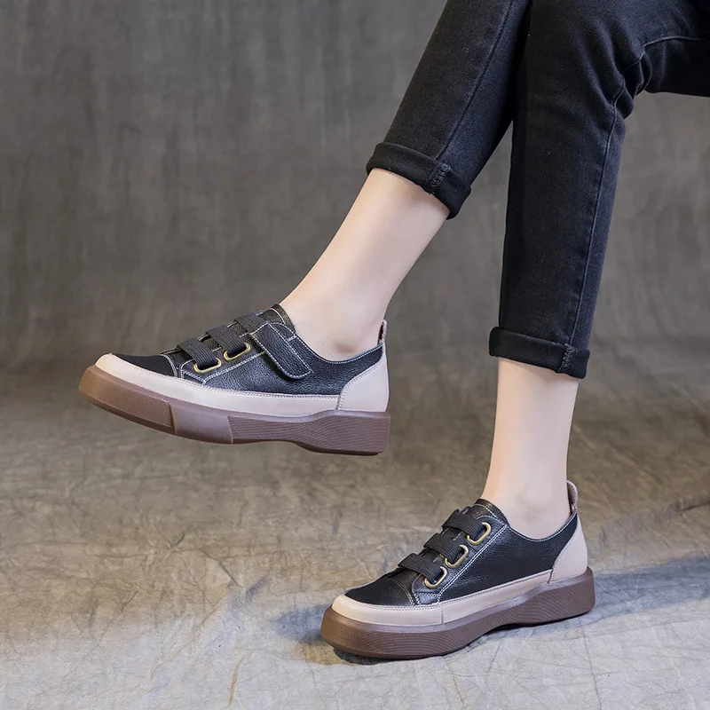 2023 New Spring, Summer and Autumn Oversized Retro Cowhide Single Shoes Women\'s Flat Round Toe Soft Bottom Low-top Shoes