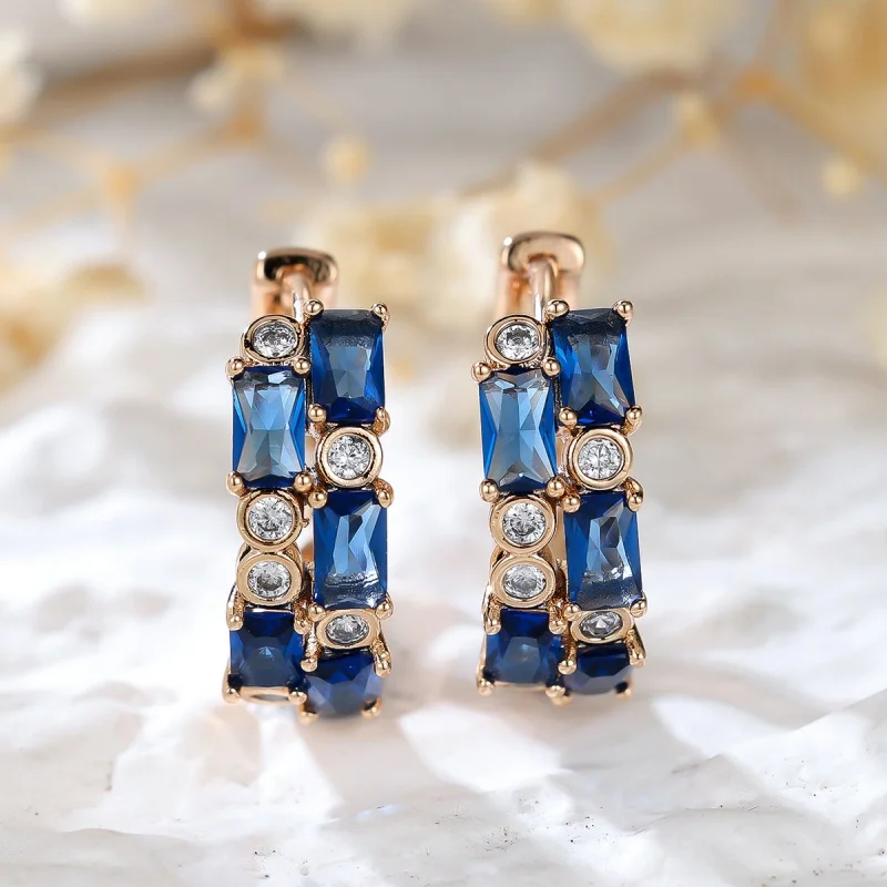 Light Luxury Temperament Rectangular Color Zirconia Edge Circular White Zirconia Ear Buckle Fashionable and Simple Accessory