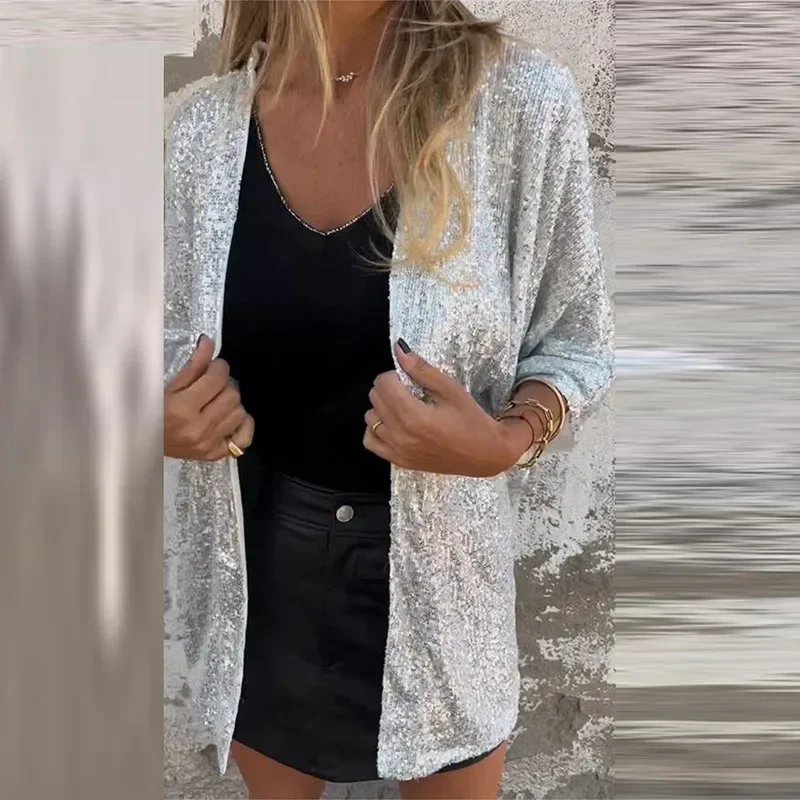 Autumn Women Sequins Jacket Casual Long Sleeve Glitter Party Vintage Shiny Elegant Solid Color Coats Jacket Ladies Cardigan Tops