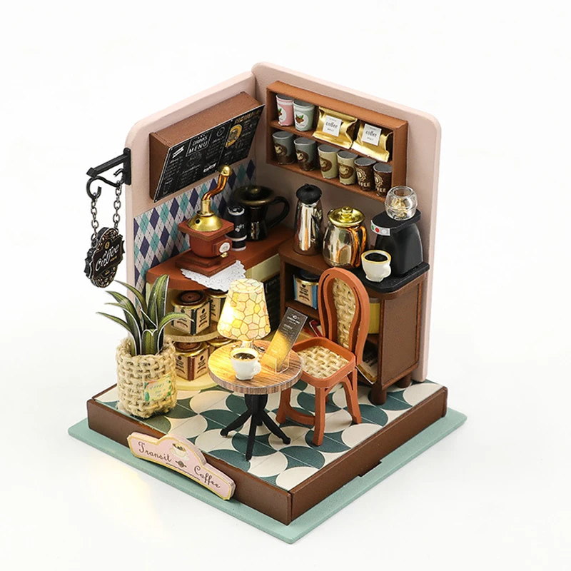 Coffee Shop Mini Dollhouse Kit DIY Handmade 3D Puzzle Assembly Building Model Toys Wooden Assembly Toy For Kid Birthday Gifts