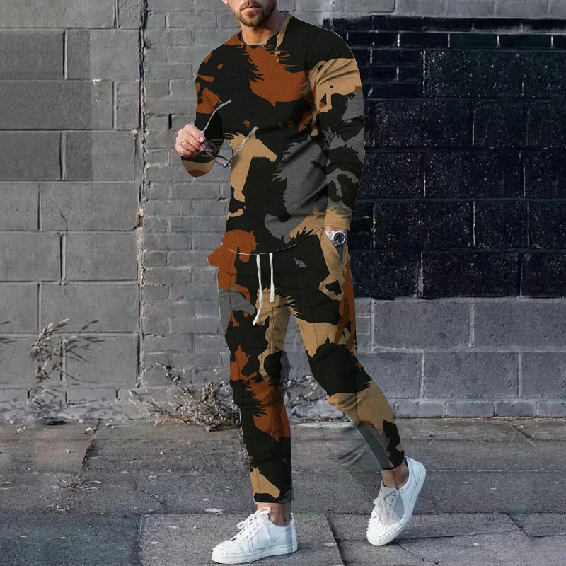 

2025 весенне-осенний модный мужской костюм с камуфляжным принтом и длинными рукавами для взрослых, повседневный повседневный уличный крутой красивый трендовый костюм