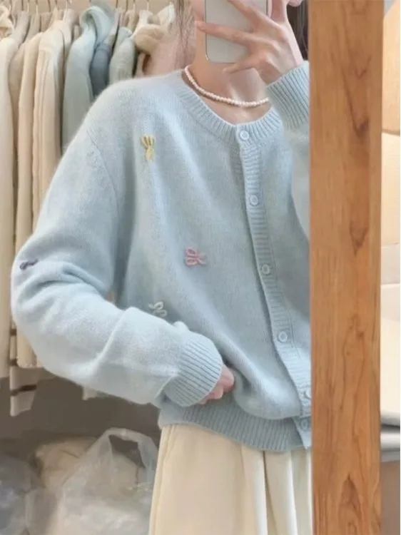 

Мягкий синий вязаный джемпер с мехом медведя, женский свободный третий осенне-зимний корейский нежный открытый кардиган, свитер