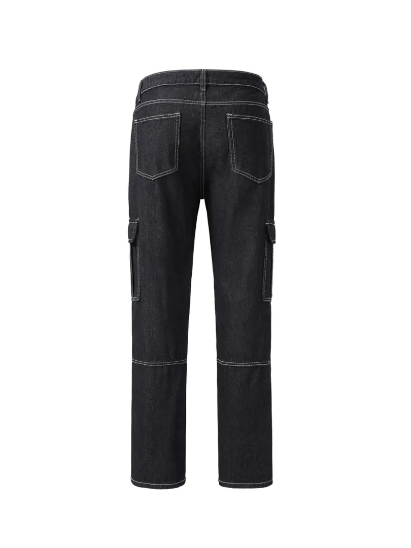 

American retro black-gray topstitch wide-leg jeans for men, multi-pocket functional style, topstitch drape street pants