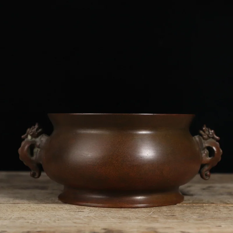ornament, Suzhou-style copper double dragon ear incense burner with stand, home and office desk decoration