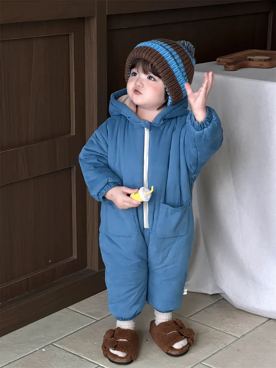 2024 Winter New Baby Fleece Hooded Romper Infant Boy Girl Padded Jumpsuit Plus Velvet Thick Newborn Toddler Warm Clothes 0-24M