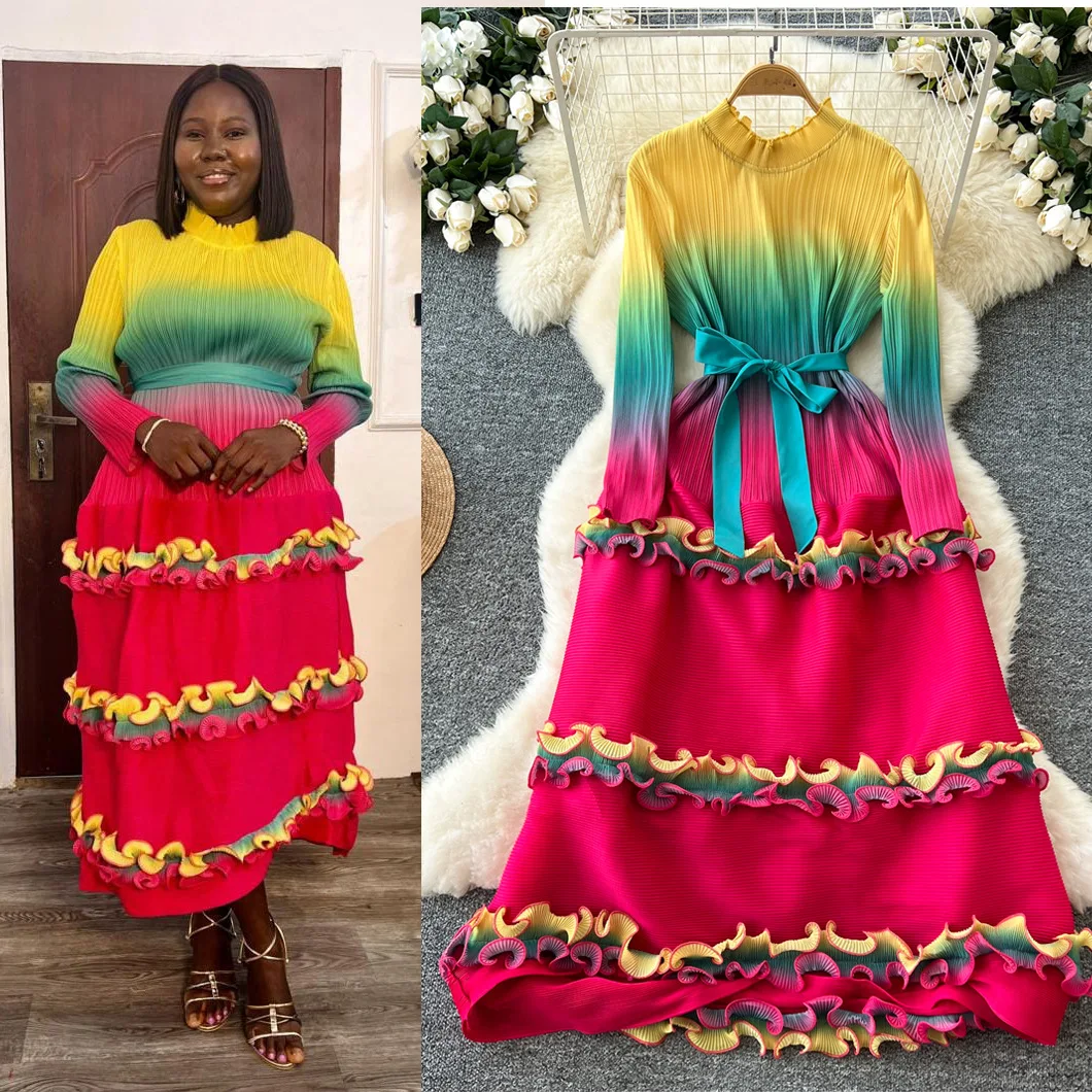 

2025 модное платье с тонкой талией и постепенным изменением цвета, женское плиссированное платье Miyake с высокой талией и грибковым краем, плиссированные платья