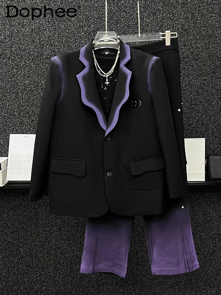 

Мужские комплекты из двух предметов весна-осень 2025 года, новые модные комплекты из двух предметов, комплекты костюмов с градиентом, подплечники, свободные пиджаки с ручной росписью, длинные брюки, 2 шт.