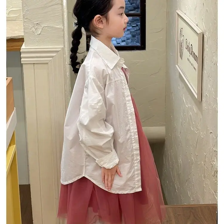 Girls Shirt 2026 New Stylish Fashionable Versatile White Jacket Spring Childrens Turn-down Collar Shirt Base Top Trendy