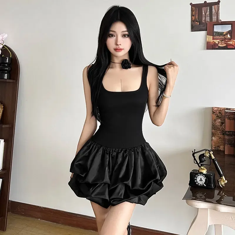 

Sexy Backless Strap Dresses for Summer Women's Dress New SKinny elastic High Waist Square Neck Solid Mini Puff Dress 2025 Red