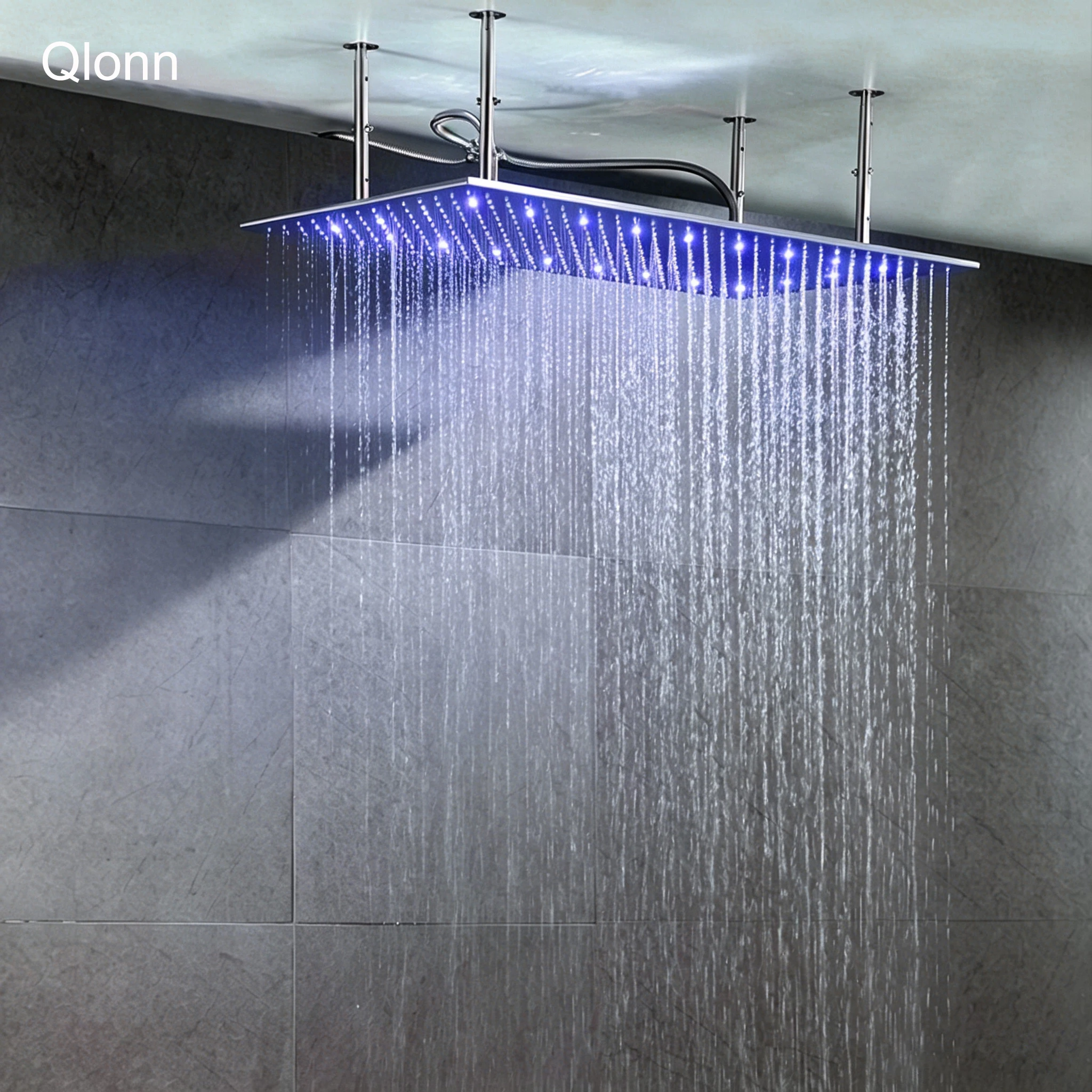 Customizable LED Rain Shower Head Water Temperature Sensitive 3 Color Changing Square Stainless Steel Ceiling Mount Sprayer