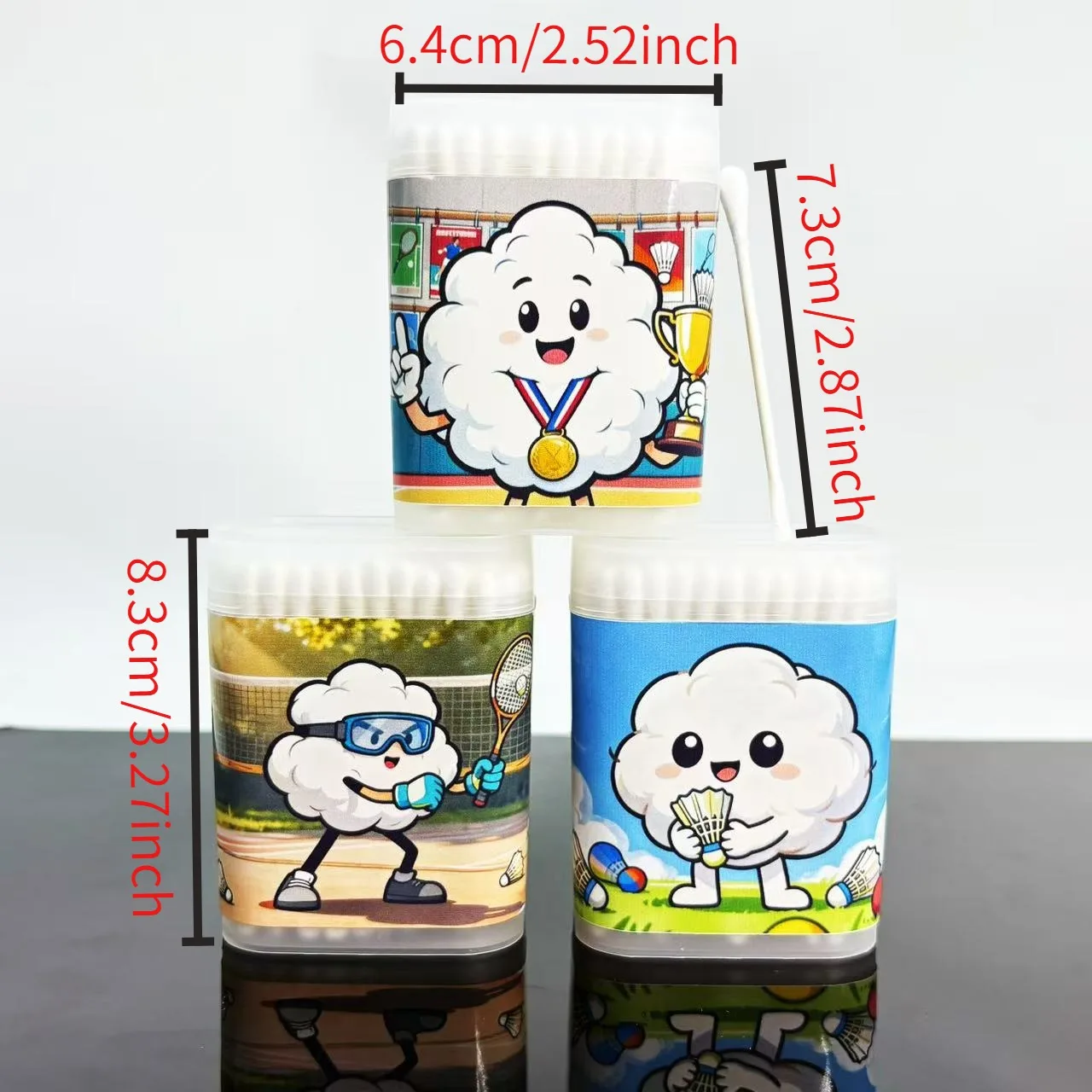 300 Uds hisopos de algodón blancos de doble punta con temática de bádminton, cuchara redonda creativa elemento deportivo de bádminton bastoncillos de hisopo de algodón