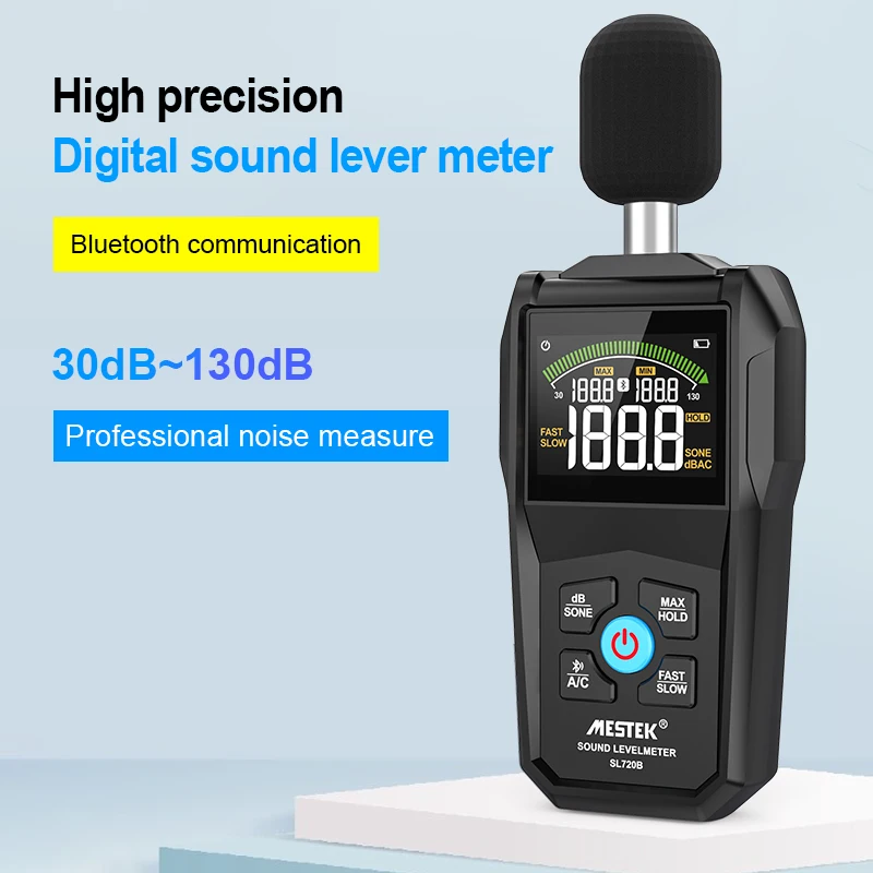 Imagem -03 - Mestek Medidor de Nível de Som de Ruído Bluetooth Display Colorido Rápido de Amostragem Lenta Monitor de Microfone Capacitivo 30130db Backlight