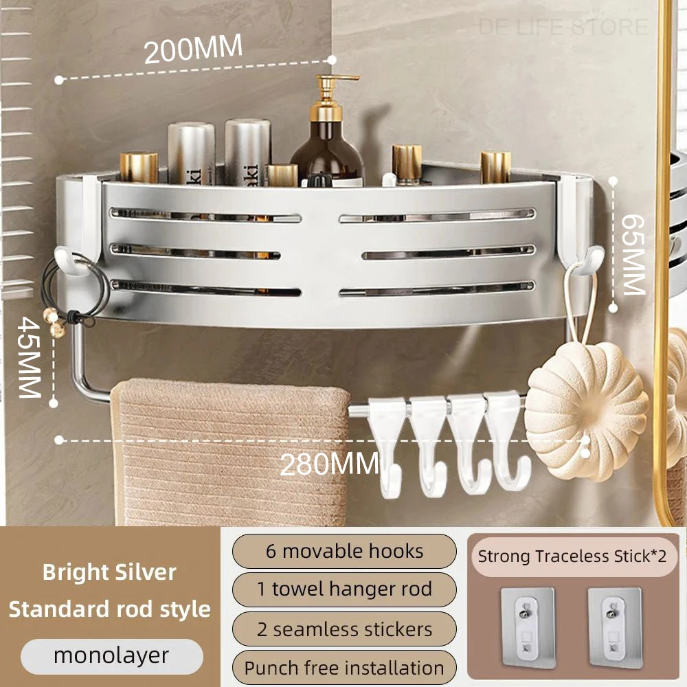 1-2PCS Badkamer Hoekplank met Plastic Haak Handdoekstang Geen Boorruimte Aluminium Douche Opbergrek Badkamer Organizer