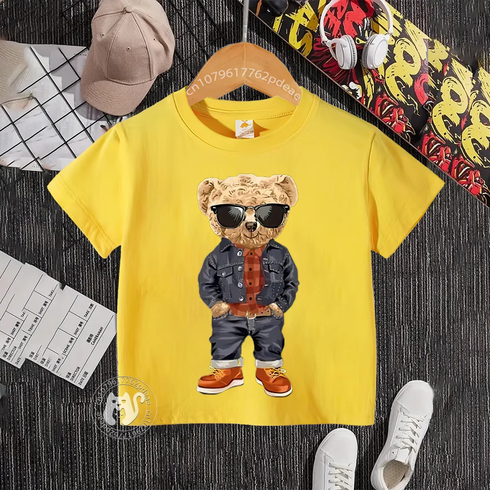 Teen Hip Hop style 100% cotton T-shirt Baby Baby Street Bear pattern round neck cotton T-shirt boys and girls casual children\'s