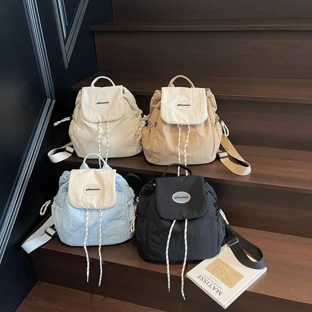 Przenośny damski plecak nylonowy Lekki plecak na sznurku z wieloma kieszeniami Casualowy plecak w jednolitym kolorze z uchwytem