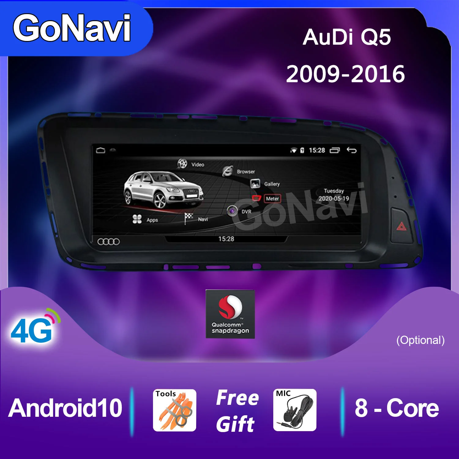 

GoNavi 8.8" Android 10.0 System Car IPS Touch Screen Stereo For Audi Q5 2009-2017 GPS Navi Radio WIFI Google BT Carplay 2+32GB