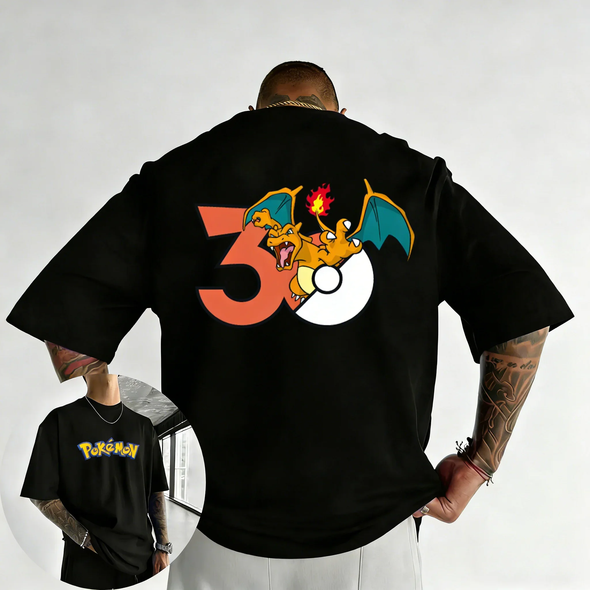 camiseta-estampada-pokemon-30th-anniversary-charizard-newsummer-masculina-e-feminina-solta-casual-hip-hop-moderna-manga-curta