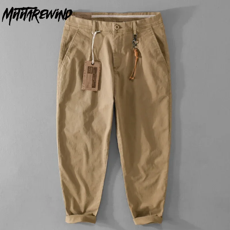 

Japanese Retro Cargo Pants Men Four Seasons Daily Casual Man Pants Cotton Straight Trousers with Key Chain Nine Point Baggy Pant