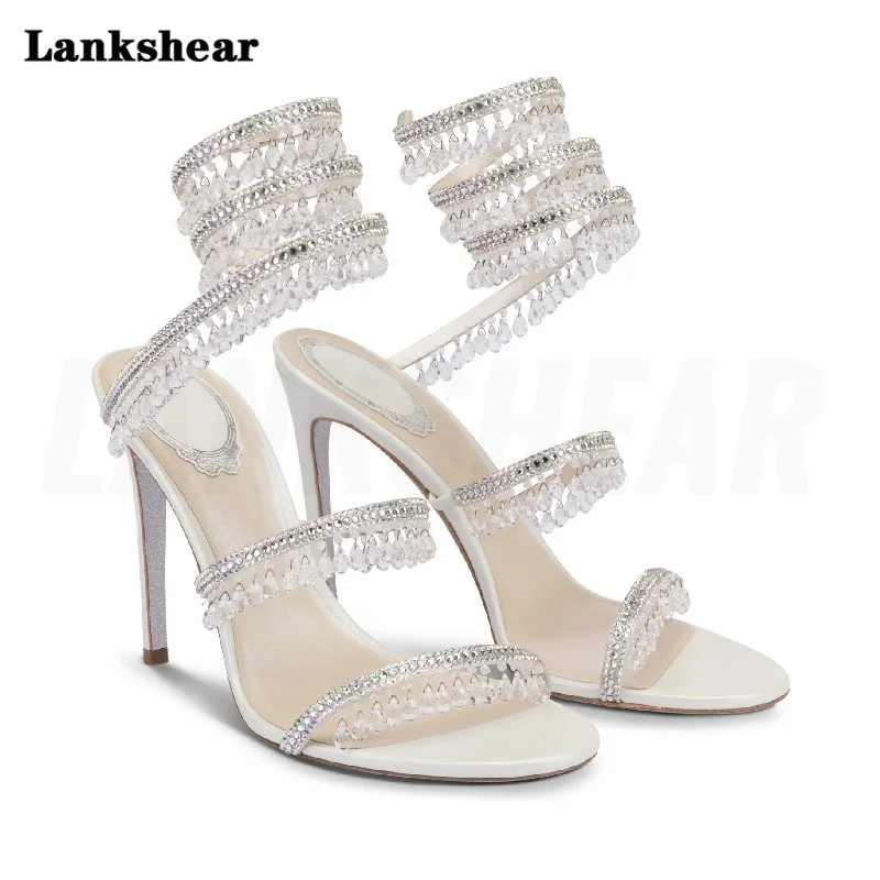 

Luxury Rhinestone Stiletto High-Heel Wrap Strap Ankle Sandals High Quality Women Shoes Party Banquet Wedding Sandals 36-43