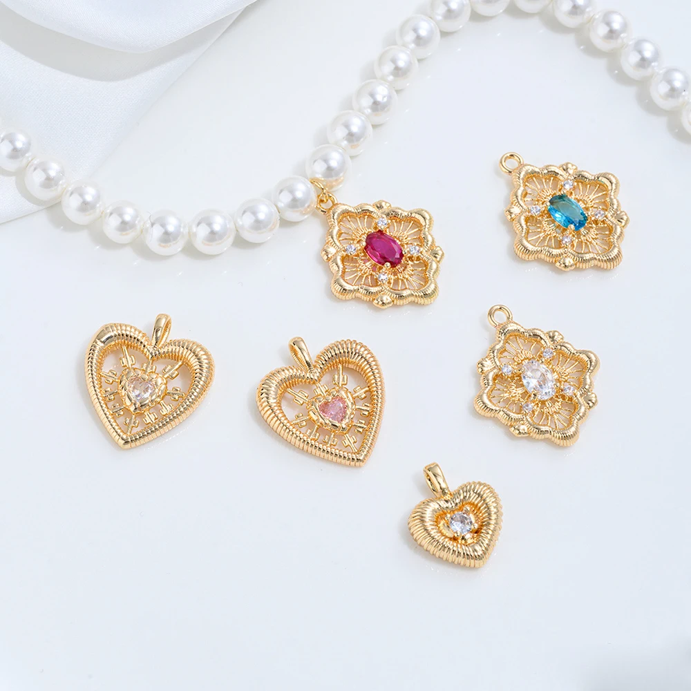 14個入りdiyミックス合金ゴールドセット-ジルコンハートフラワーバイン菱形ペンダント-ジュエリーアクセサリー-ブレスレットイヤリング