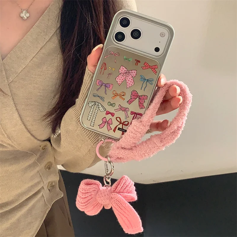 Korean Color Cute Bow Mirror Phone Case For iPhone 17 Pro 16 15 14 Pro Max Cover with Plush Hand Rope Kawaii Cases 17 Promax 16