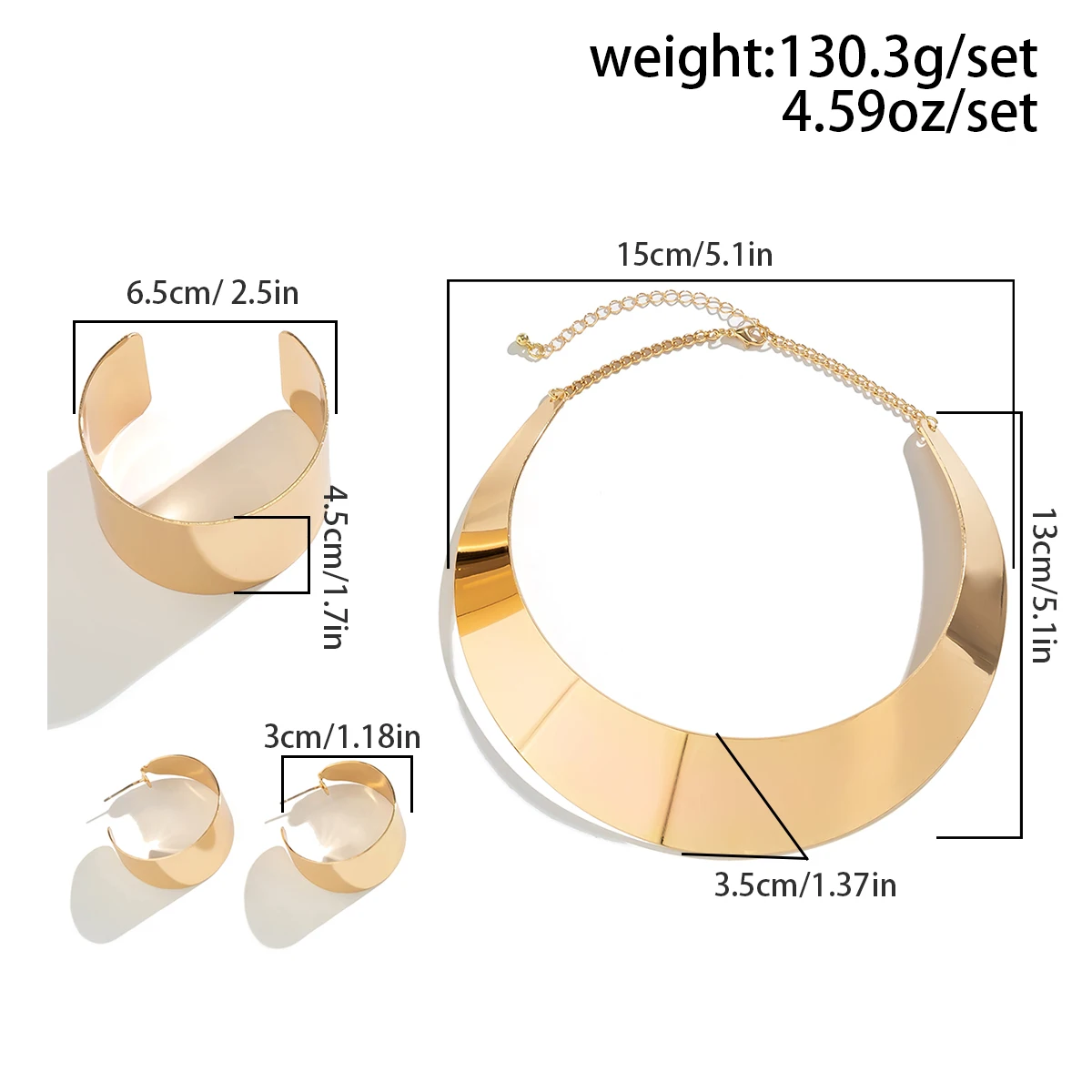 Exaggerated Wide Smooth Surface Metal Necklace/Earrings/Bracelet Set for Women Trendy African Collar Fashion Jewelry Accessories