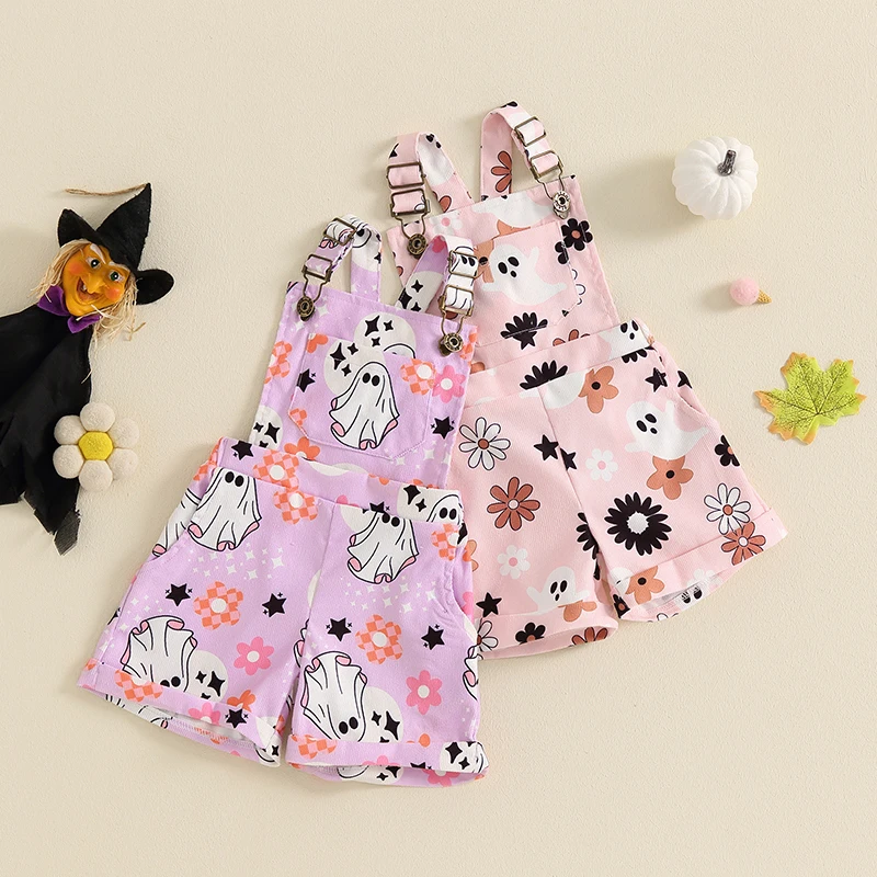 

2024-05-21 Lioraitiin Halloween Baby Girls Overalls Flower Ghost Print Sleeveless Strap Buttons Pockets Shortall Romper Jumpsuit