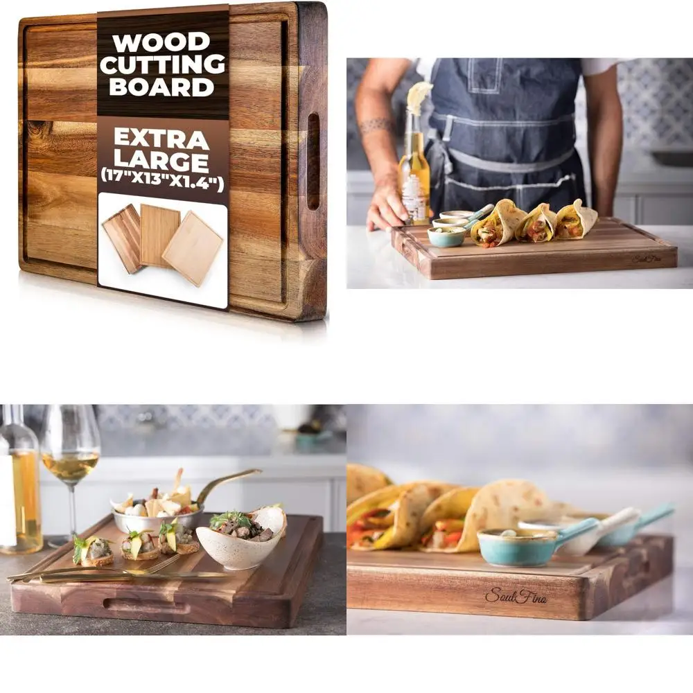 

Extra Large Heavy Duty Acacia Wood End Grain Cutting Board with Juice Groove - Professional Butcher Block, Organic, 17x13x1.4 In
