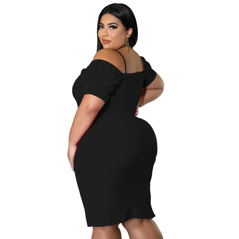 WSFEC L-4XL Plus Size Women Clothing Short Sleeve Solid Color Halter Bodycon Sexy Dresses Split Party Mini Dress Dropshipping