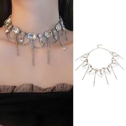 Geometric Square Crystal Choker Necklaces For Women Long Tassel Clavicle Chain Statements Jewelry Gifts