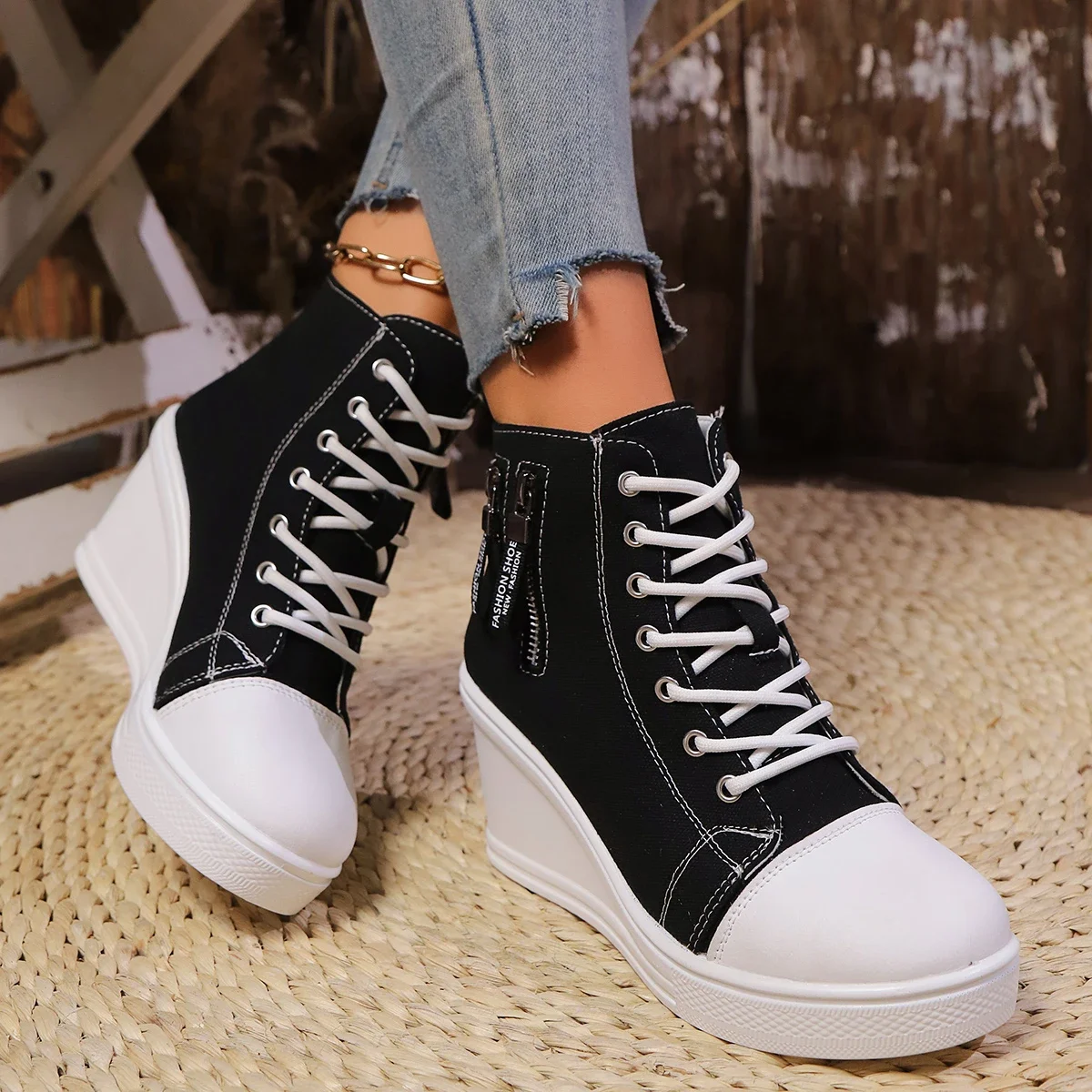 2024 neue Frauen Lace-Up Plattform Outdoor Keil Unsichtbare Ferse Leinwand Schuhe Keil Seite Zipper Erhöhte Hohe Atmungsaktive turnschuhe