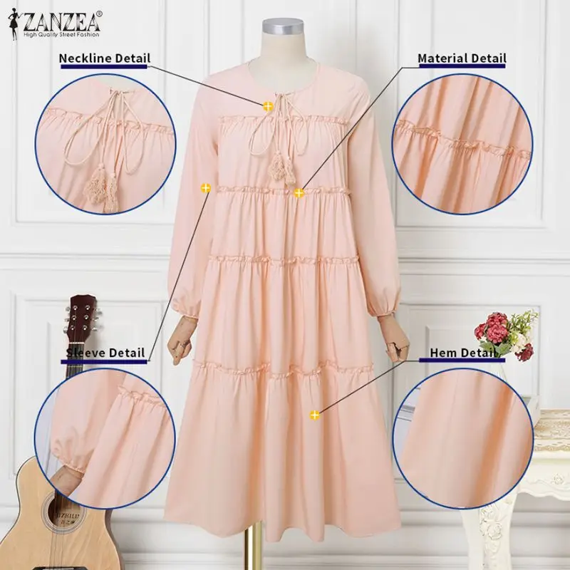 ZANZEA-vestido camisero largo para mujer, vestido veraniego liso con volantes de manga larga, moda de retazos con cuello redondo, Vestidos de fiesta, bata de gran tamaño 2026