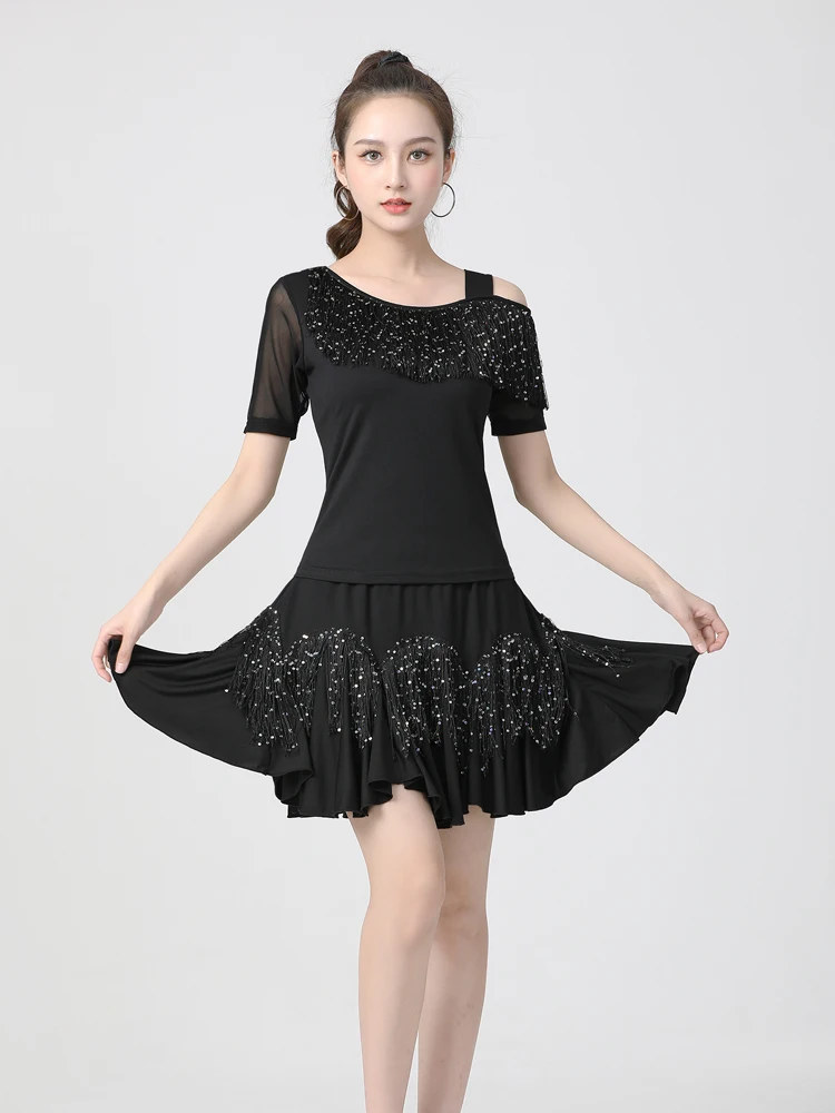modern-dance-performance-skirt-set-single-shoulder-tassel-top-short-skirt-women's-square-dance-outfit-summer-shiny-sequin