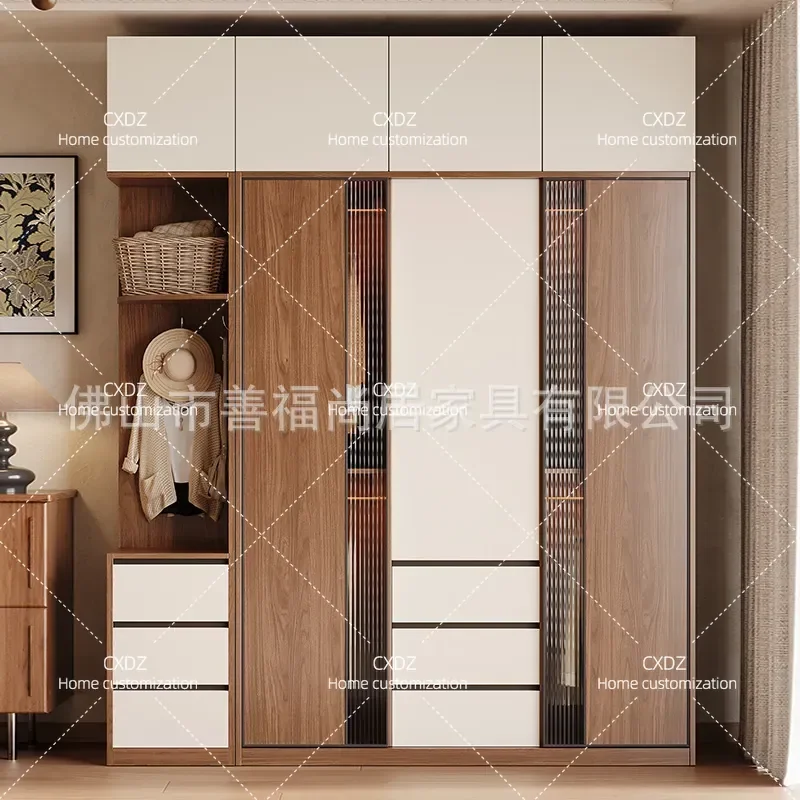 Walnut Sliding Door Wardrobe for Bedroom Simple Finished Storage Cabinet Combination Closet Organizer Household Furniture